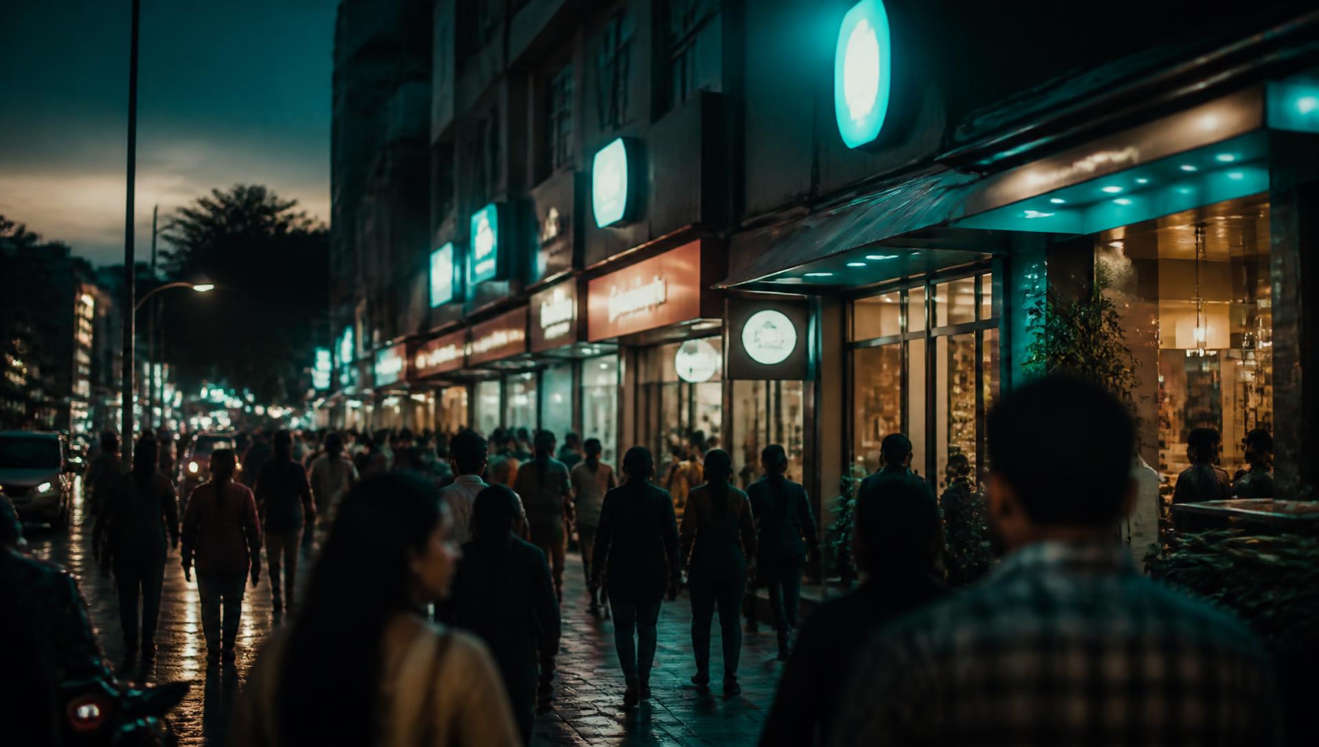 An Indian high street at dusk lined with bright franchise storefronts and busy footfall